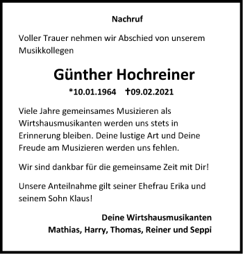 Traueranzeige von Günther Hochreiner von Dinkelsbühl/ Feuchtwangen