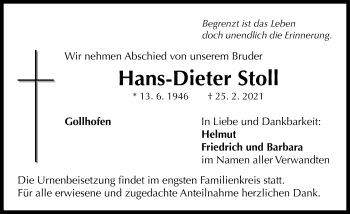 Traueranzeige von Hans-Dieter Stoll von Neustadt/ Scheinfeld/ Uffenheim