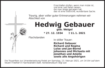 Traueranzeige von Hedwig Gebauer von Ansbach