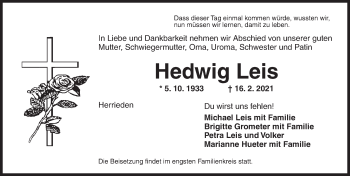 Traueranzeige von Hedwig Leis von Ansbach