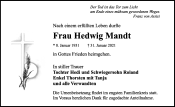 Traueranzeige von Hedwig Mandt von Rothenburg