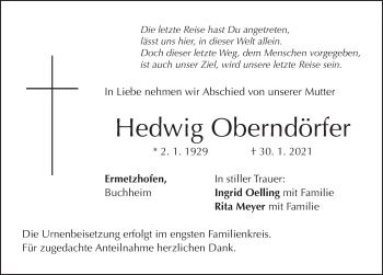 Traueranzeige von Hedwig Oberndörfer von Neustadt/ Scheinfeld/ Uffenheim