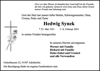 Traueranzeige von Hedwig Synek von Rothenburg