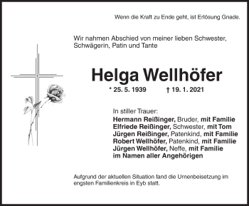 Traueranzeige von Helga Wellhöfer von Ansbach