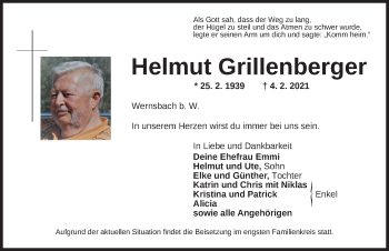 Traueranzeige von Helmut Grillenberger von Ansbach