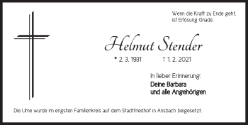 Traueranzeige von Helmut Stender von Ansbach