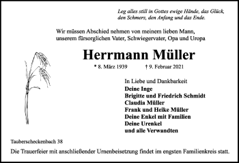 Traueranzeige von Herrmann Müller von Rothenburg