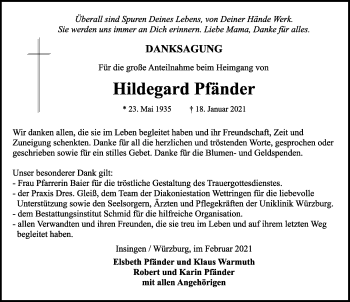 Traueranzeige von Hildegard Pfänder von Rothenburg