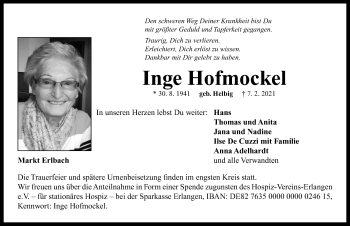 Traueranzeige von Inge Hofmockel von Neustadt/ Scheinfeld/ Uffenheim