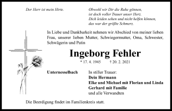 Traueranzeige von Ingeborg Fehler von Neustadt/ Scheinfeld/ Uffenheim