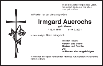 Traueranzeige von Irmgard Auerochs von Ansbach