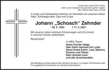 Traueranzeige von Johann Zehnder von Ansbach