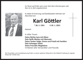 Traueranzeige von Karl Göttler von Dinkelsbühl/ Feuchtwangen