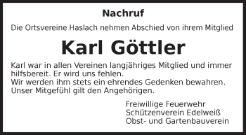 Traueranzeige von Karl Göttler von Dinkelsbühl/ Feuchtwangen