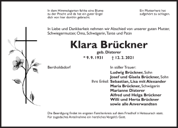 Traueranzeige von Klara Brückner von Ansbach