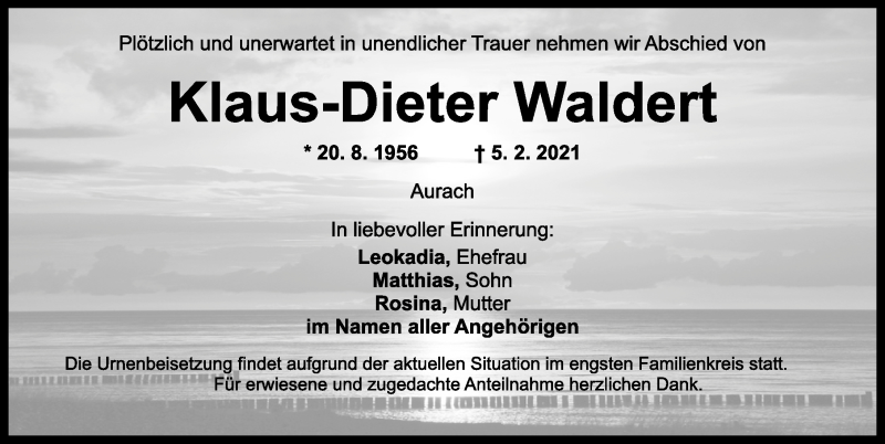  Traueranzeige für Klaus-Dieter Waldert vom 17.02.2021 aus Ansbach