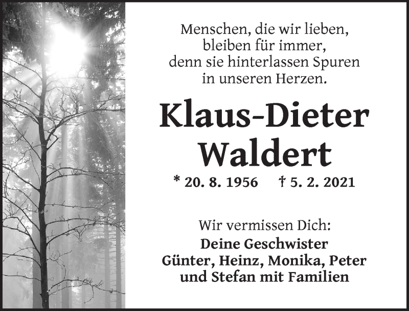  Traueranzeige für Klaus-Dieter Waldert vom 20.02.2021 aus Ansbach