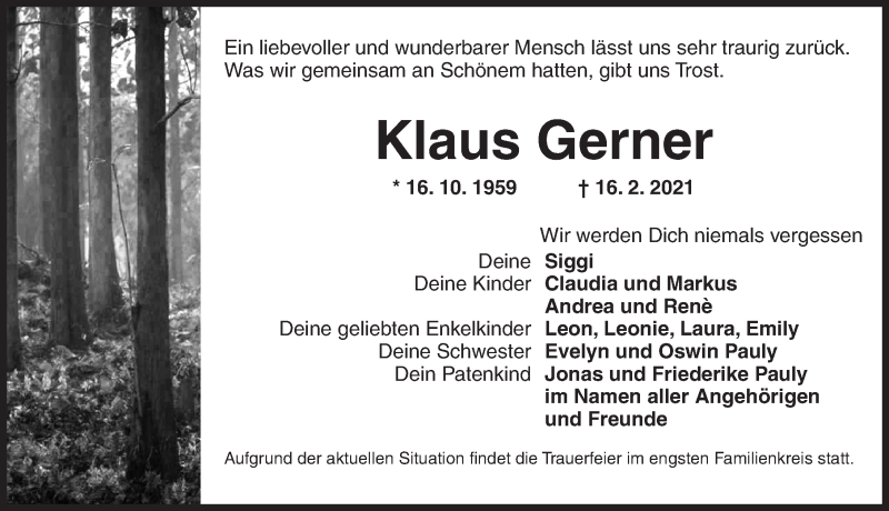  Traueranzeige für Klaus Gerner vom 20.02.2021 aus Ansbach