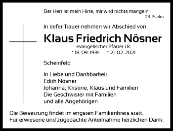 Traueranzeige von Klaus Friedrich Nösner von Neustadt/ Scheinfeld/ Uffenheim