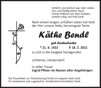 Traueranzeige von Käthe Bendl von Ansbach