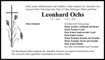 Traueranzeige von Leonhard Ochs von Neustadt/ Scheinfeld/ Uffenheim