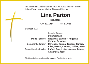 Traueranzeige von Lina Parton von Ansbach