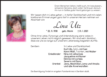 Traueranzeige von Lina Utz von Dinkelsbühl/ Feuchtwangen