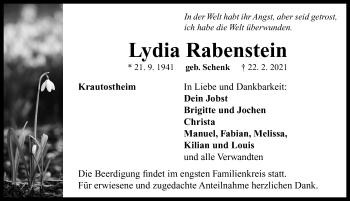 Traueranzeige von Lydia Rabenstein von Neustadt/ Scheinfeld/ Uffenheim