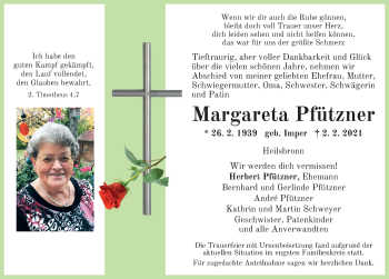 Traueranzeige von Margareta Pfützner von Ansbach