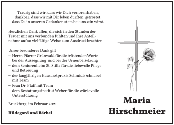 Traueranzeige von Maria Hirschmeier von Ansbach