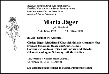 Traueranzeige von Maria Jäger von Rothenburg