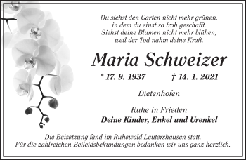 Traueranzeige von Maria Schweizer von Ansbach