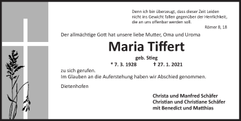 Traueranzeige von Maria Tiffert von Ansbach