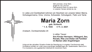 Traueranzeige von Maria Zorn von Ansbach
