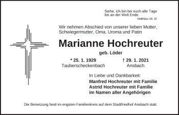 Traueranzeige von Marianne Hochreuter von Ansbach