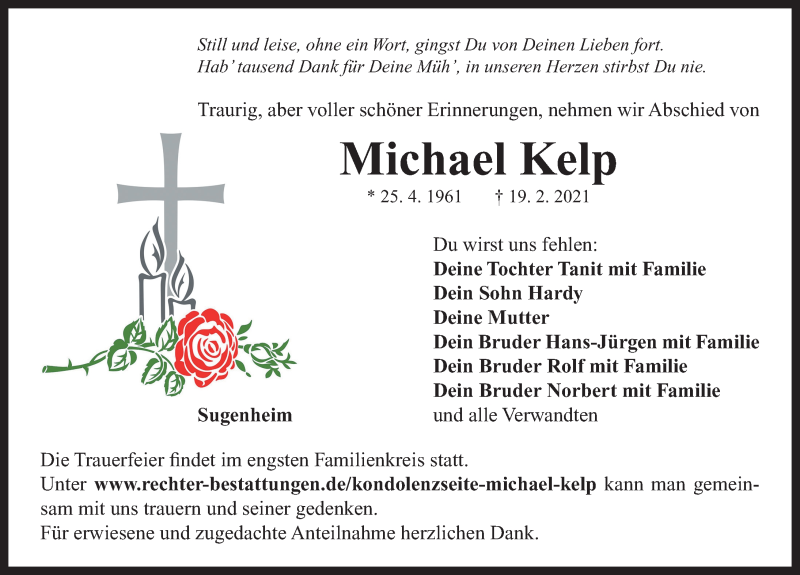 Traueranzeige für Michael Kelp vom 23.02.2021 aus Neustadt/ Scheinfeld/ Uffenheim