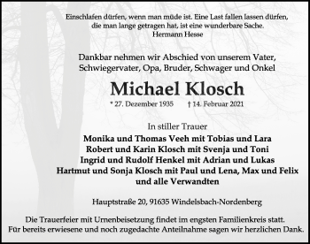 Traueranzeige von Michael Klosch von Rothenburg