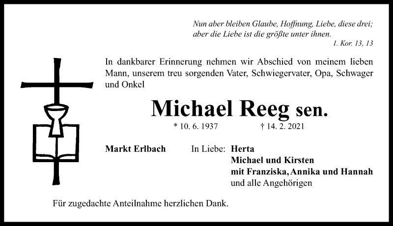  Traueranzeige für Michael Reeg vom 16.02.2021 aus Neustadt/ Scheinfeld/ Uffenheim