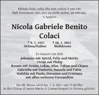 Traueranzeige von Nicola Gabriele Benito Colaci von Ansbach