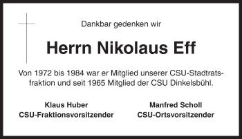 Traueranzeige von Nikolaus Eff von Dinkelsbühl/ Feuchtwangen