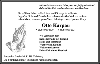 Traueranzeige von Otto Karpau von Ansbach