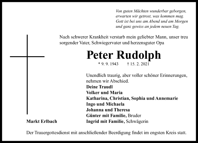  Traueranzeige für Peter Rudolph vom 17.02.2021 aus Neustadt/ Scheinfeld/ Uffenheim