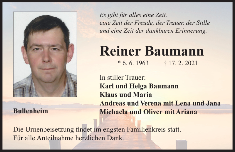  Traueranzeige für Reiner Baumann vom 20.02.2021 aus Neustadt/ Scheinfeld/ Uffenheim