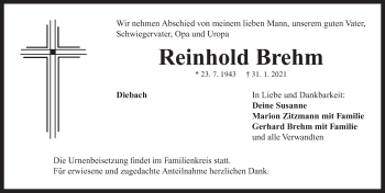 Traueranzeige von Reinhold Brehm von Neustadt/ Scheinfeld/ Uffenheim