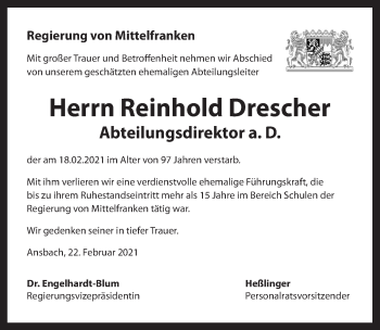 Traueranzeige von Reinhold Drescher von Ansbach