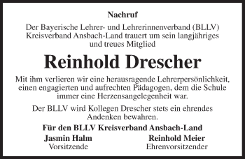 Traueranzeige von Reinhold Drescher von Ansbach