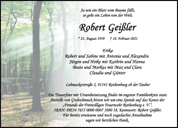 Traueranzeige von Robert Geißler von Rothenburg
