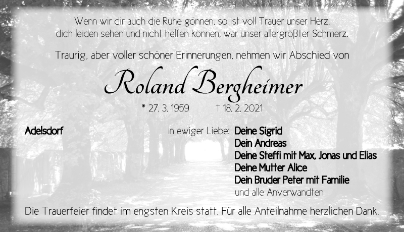  Traueranzeige für Roland Bergheimer vom 22.02.2021 aus Neustadt/ Scheinfeld/ Uffenheim