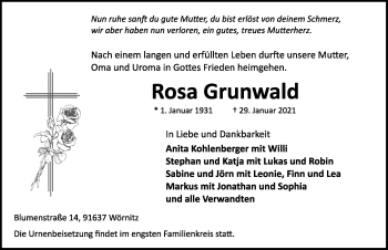 Traueranzeige von Rosa Grunwald von Rothenburg