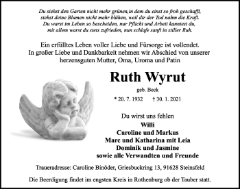 Traueranzeige von Ruth Wyrut von Rothenburg